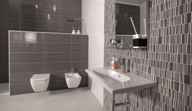 idées carrelage salle de bains de couleur grise avec un lavabo blanc