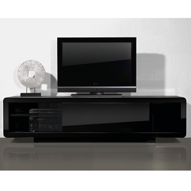 Meuble Tv bas en bois laqué blanc/noir et plateaux verre trempé L150cm Kona