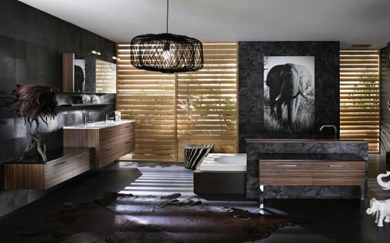 salle de bain noire design idée aménagement luminaire suspension mobilier bois