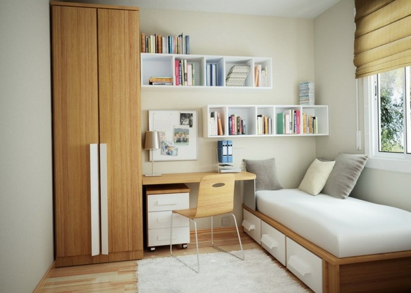 aménagement chambre petit espace canapé-lit chaise en bois garde-robe petite chambre bois
