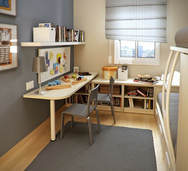 idée déco petite chambre bureau en bois chaise grise 