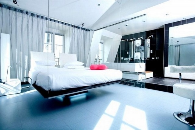 lit design suspendu confort dormir intérieur blanc fauteuil salle de bain