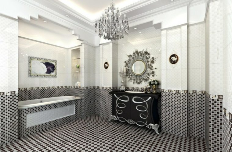 carrelage de salle de bains original idée noir et blanc