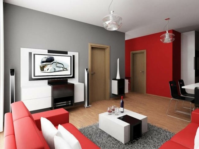 salon moderne design canapé rouge table noire blanche lampe suspendue design 