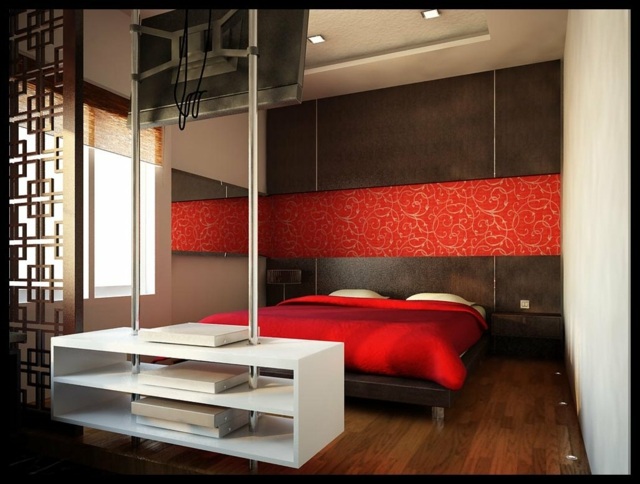 intérieur de chambre moderne lit rouge mobilier blanc en bois