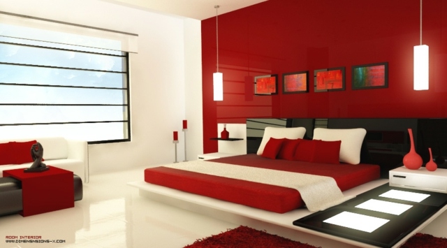 décoration chambre rouge design luminaire suspendue lit rouge tapis de sol design 