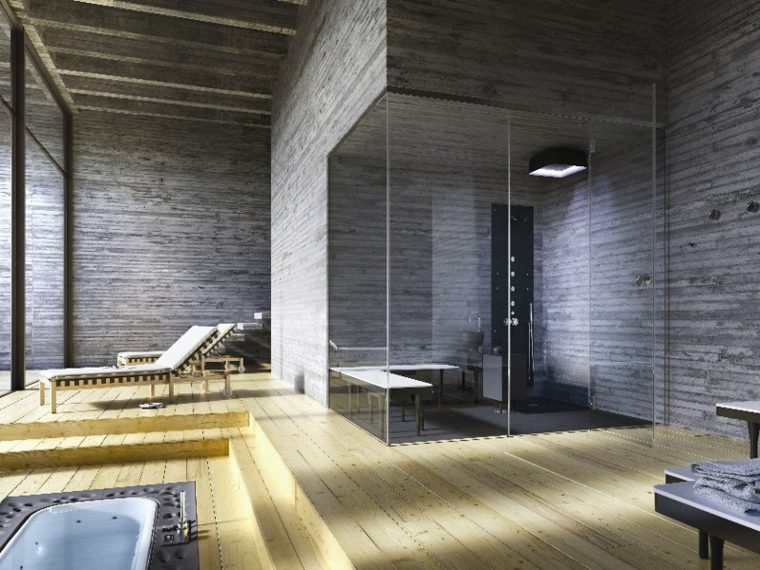 douche à l'italienne design parquet bois salle de bains cabine