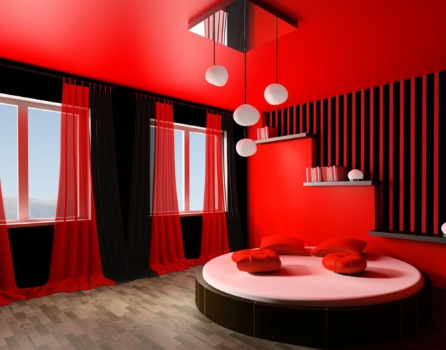 déco chambre rouge luminaire suspendu canapé pouf design coussins rouge 