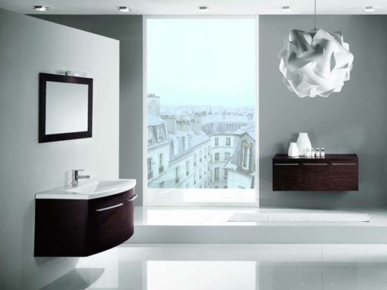 salle de bain meuble design bois miroir lampe suspendue design blanche