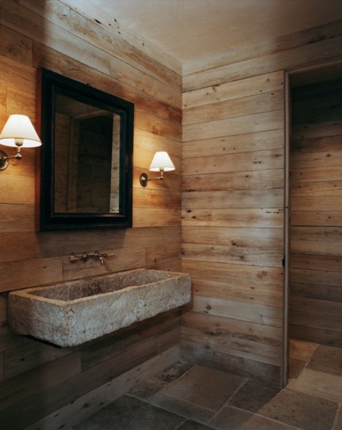 salle bains rustique bois miroir noir