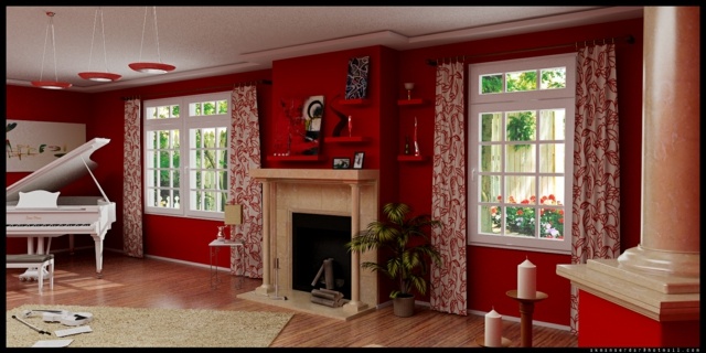 grand salon design cheminée ouverte maison salon accent rouge déco lampe suspendue piano à queue