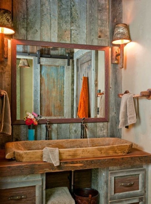 mur lavabo bois salle bains rustique 