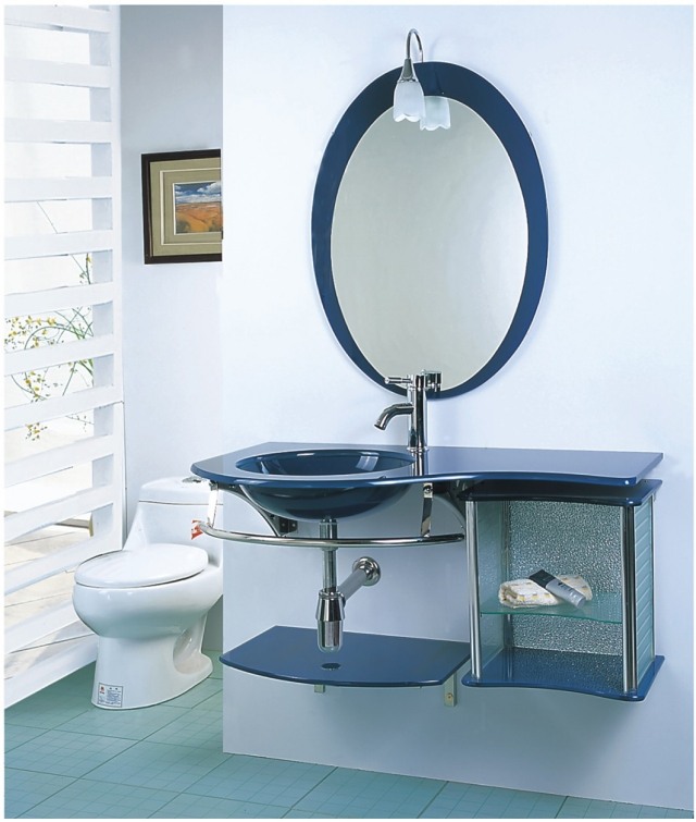 Idée-déco-salle-de-bains-couleur-bleue-miroir-ovale-vasque