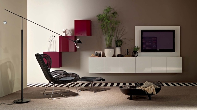 aménagement-de-salon-meubles-modernes-tele-chaise-tapis-rayures-noires-blanches