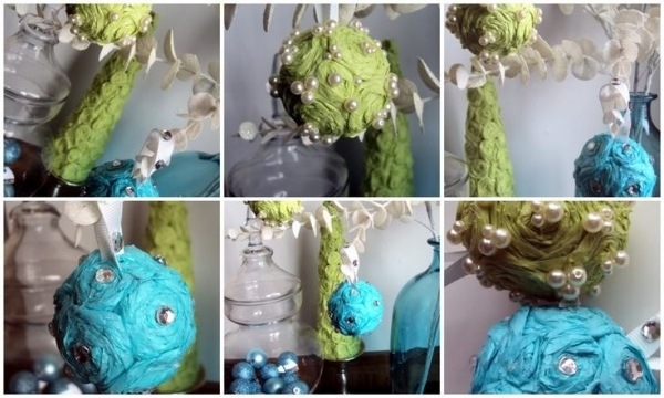 bricolage-Noël-papier-boules-décorées-papier-bleu-vert-perles bricolage de Noël