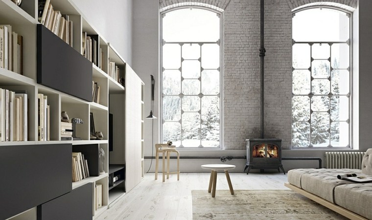 porte style minimaliste bibliothèque bois canapé salon tapis sol