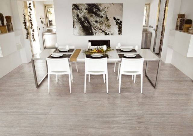 carrelage-imitation-parquet-gris-calir-salle-manger-chaises-table-blanches-tableau-élégant carrelage imitation parquet