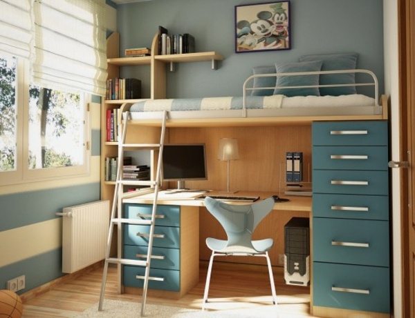chambre adolescent avec lit loft surplombe bureau