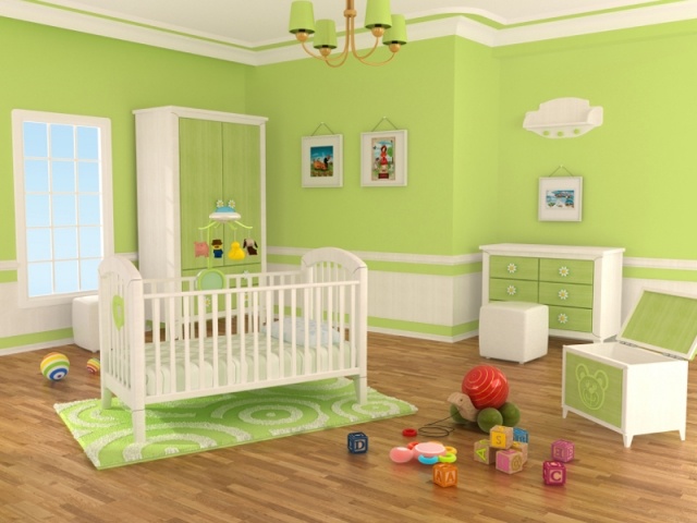 chambre-bébé-fille-murs-vert-anis-motifs-blancs-mobilier-blanc-vert chambre bébé fille