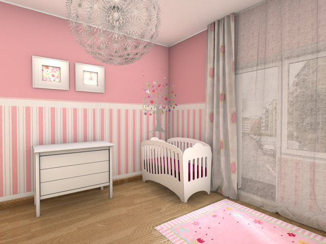 chambre-bébé-fille-rose-gris-papier-peint-rayures-rose-blanc-rideaux-gris-clair-motifs-rose-mobileir-blanc chambre bébé fille