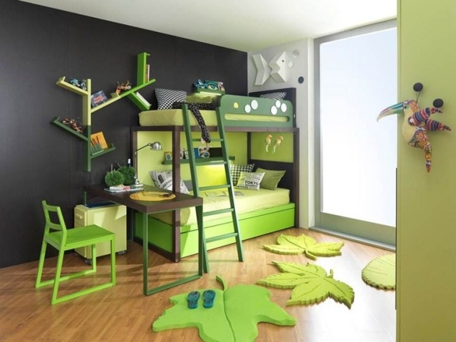 chambre-pour-enfant-idées-aménagement-originales-couleur-verte-lits-superposes-chaise