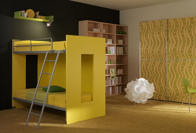 chambre-pour-enfant-idées-aménagement-originales-lits-superposes-couleur-jaune