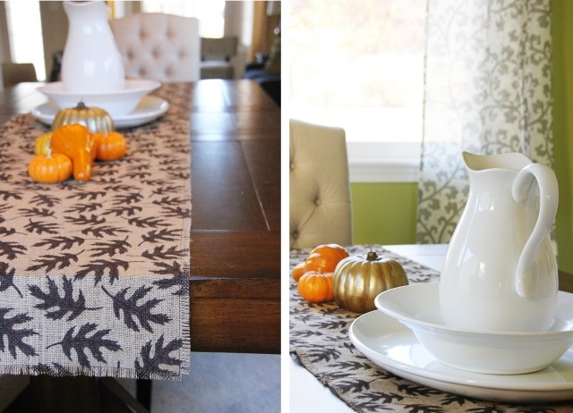 chemin-table-DIY-décoration-automne-jute-feuilles-automnales-noires-petites-citrouilles
