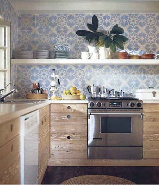 Papier peint cuisine imitation de carrelage cuisine en bois bleu
