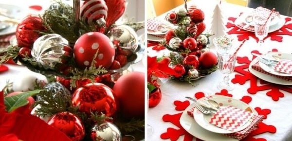 déco-maison-Noël-nappe-blanche-sous-assiette-flocons-neige-rouges-boules-Noel-rouges déco en rouge et blanc