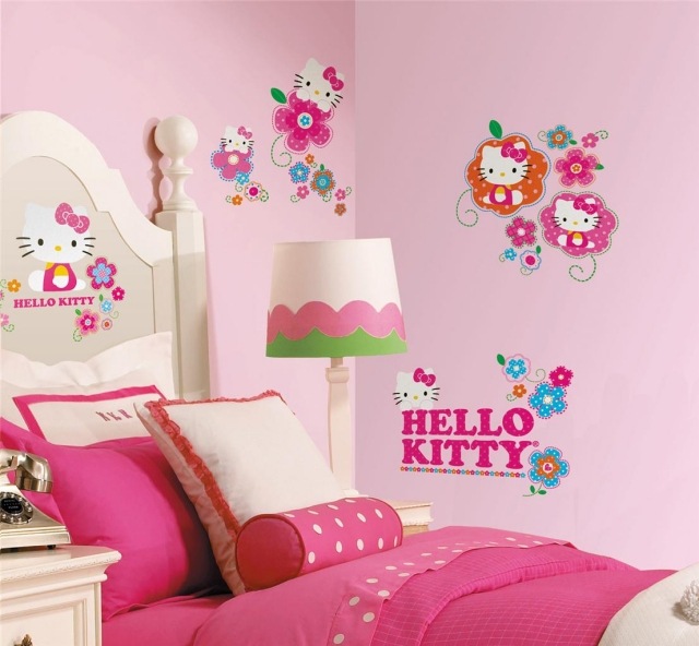 décoration-chambre-fille-linge-lit-thème-Hello-Kitty-mur-rose