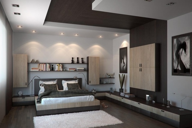faux-plafond-blanc-aspect-bois-spots-led-chambre-coucher