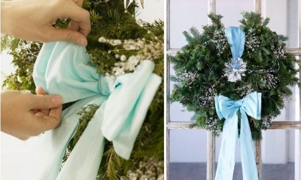 idées-bricolage-Noël-branches-pin-vertes-rubans-bleus-ornements idées bricolage de Noël