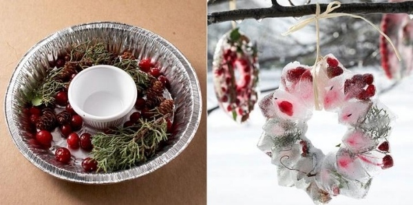 idées-bricolage-Noël-couronne-glacée-baies-rouges-branches-pin-pommes-pin-moule-gâteau idées bricolage de Noël