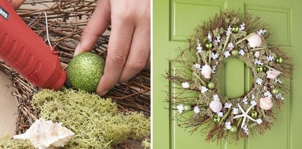 idées-bricolage-Noël-couronne-mousse-espagnole-boules-noel-vertes-branches-décoratives idées bricolage de Noël
