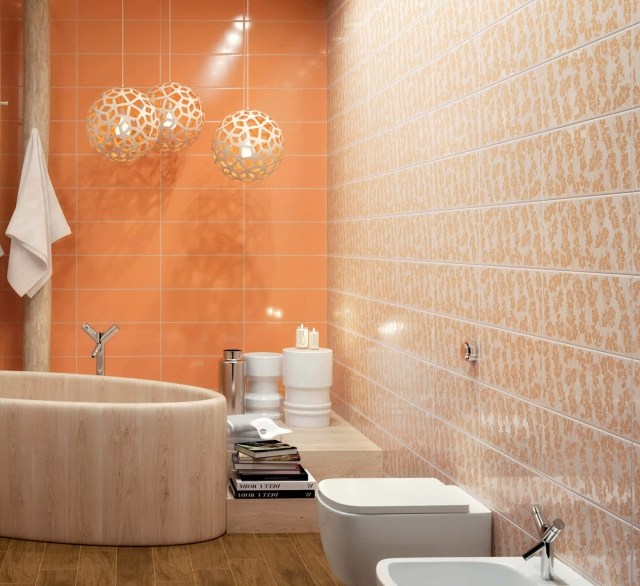 idées carrelage salle de bains couleur orange grande baignoire ovale
