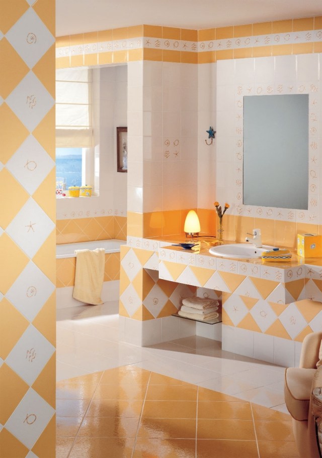 idées carrelage salle de bains couleur orange pêche blanche 