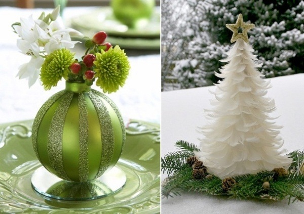 idées-déco-Noël-petit-sapin-blanc-plumes-décoratif-vase-vert-rond-fleurs idées déco Noël