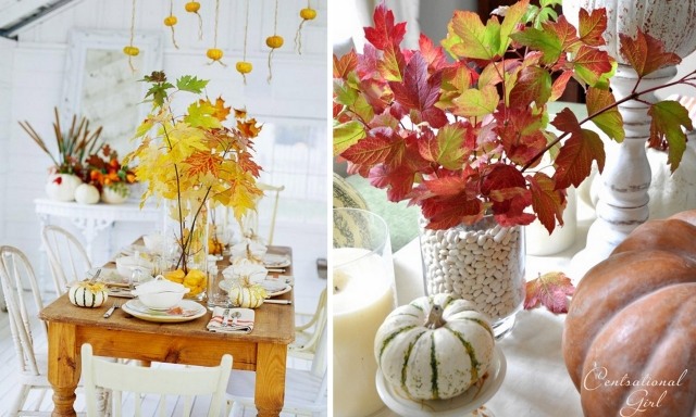 idées-déco-automn-vases-branches-feuilles-petites-citrouilles-décoratives idées déco automne