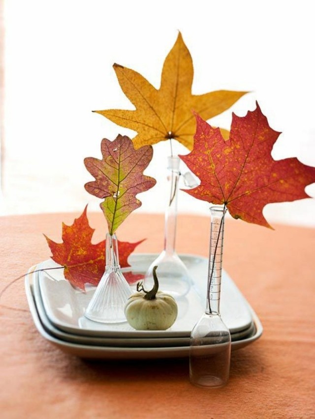 idées-déco-automne-vases-verre-décoratifs-feuilles-automnales-jaune-rouge-marron idées déco automne