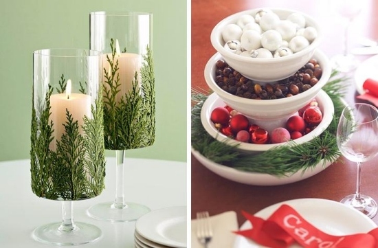 idées-table-Noël-déco-branches-pin-bougies-blanches-ornements idées table de Noël