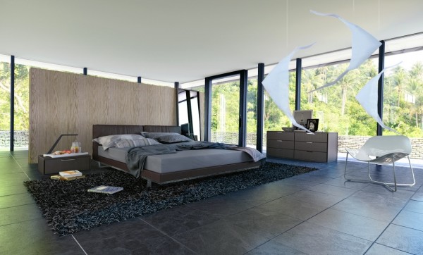 Chambre à coucher design avec des fenêtres panoramiques  mur cacher calme exposée