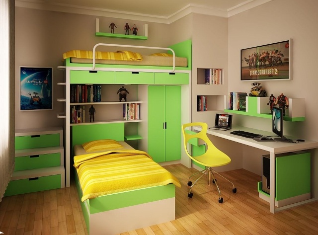 lit-superposé-idée-originale-couleur-verte-jaune-bureau
