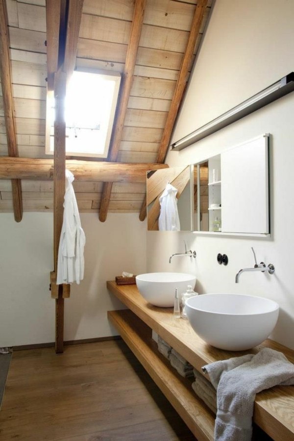 Meuble salle de bain bois en support lavabos planche solide conception intérieur design 