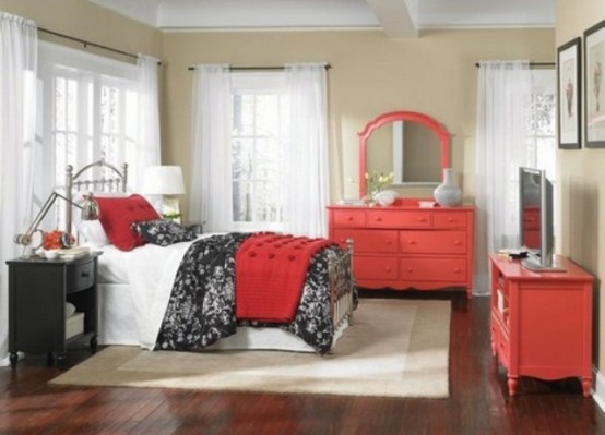 meubles rangement couleur rouge chambre feminine
