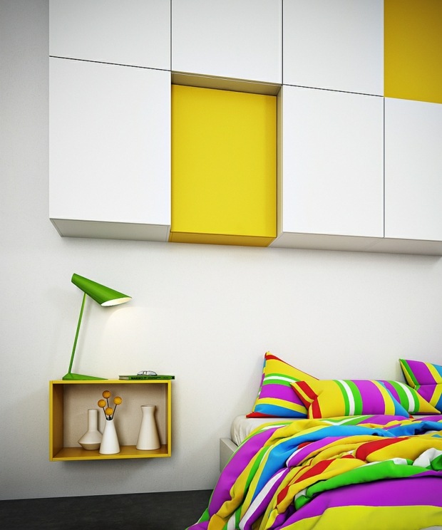 mobilier mural blanc accents de couleur jaune vif