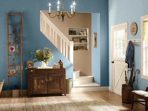 murs bleu entree style rustique meuble bois