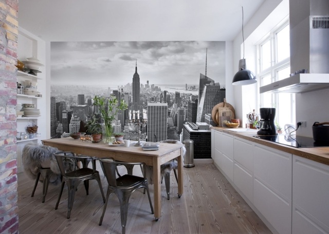 papier-peint-New-York-noir-blanc-gratte-ciel-cuisine-moderne-blanche-mur-brique