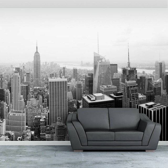 papier-peint-New-York-noir-blanc-salon-canapé-gris papier peint New York