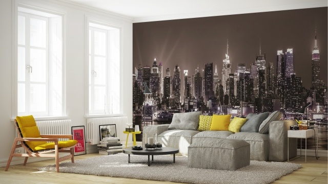 papier-peint-New-York-paysage-urbain-nocturne-lumières-salon-gris-clair-jaune papier peint New York