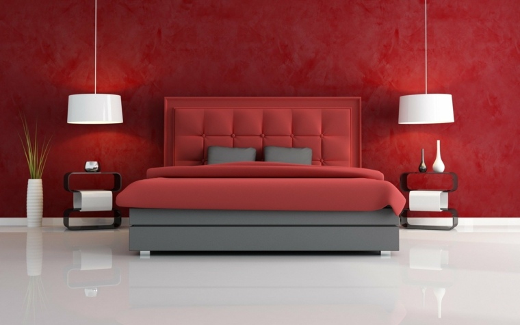 papier peint chambre adulte rouge luminaire suspension lit idée 